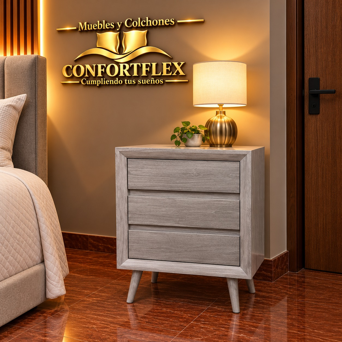 Mesa de Noche Azteca 3 cajones madera con patas palillo | Confortflex