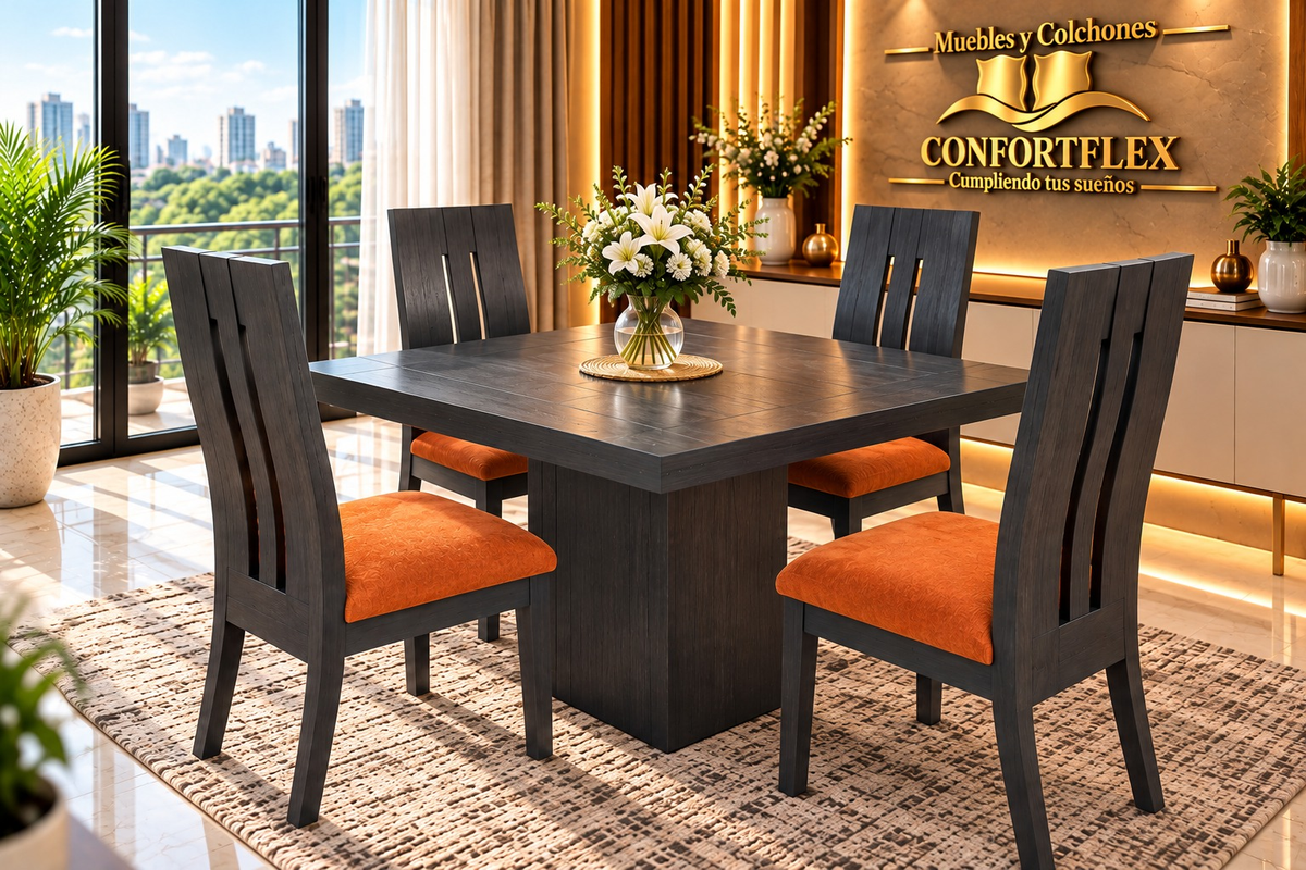 Comedor Roma 4 puestos - Madera entamborada con sillas tapizadas | Confortflex