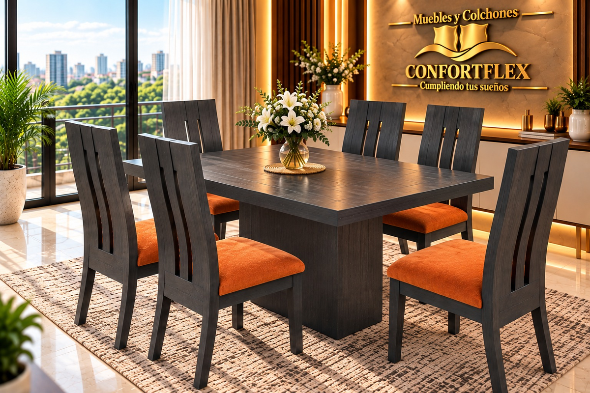Comedor Roma 6 puestos - Madera entamborada con sillas tapizadas | Confortflex