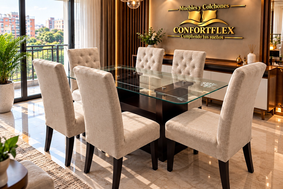 Comedor Capitoneado 6 puestos - Mesa con vidrio 12mm y sillas tapizadas | Confortflex