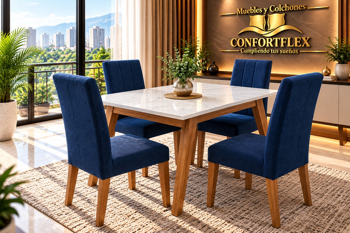 Comedor Clásico 4 puestos - Tapa imitación mármol y sillas tapizadas en azul | Confortflex