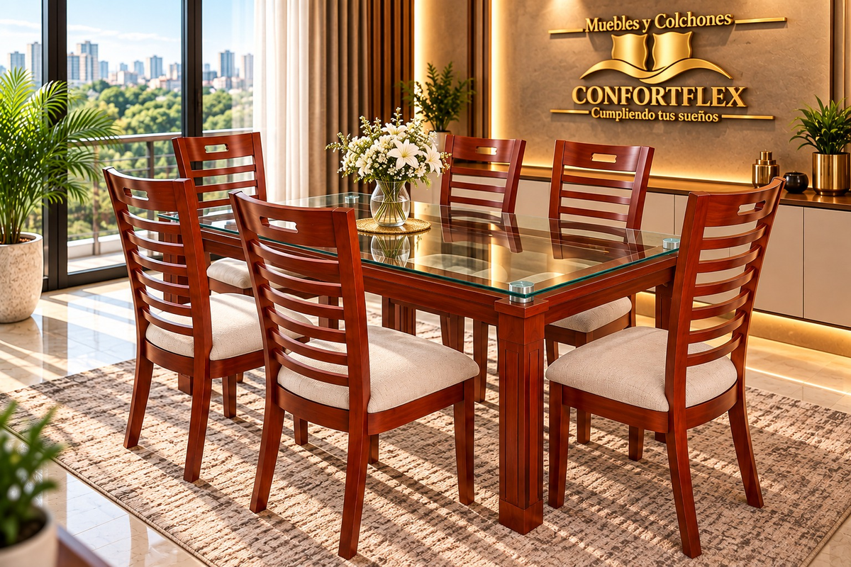 Comedor Ventana Vidrio 15mm 6 puestos - Sillas respaldo ventana en cedro caoba | Confortflex