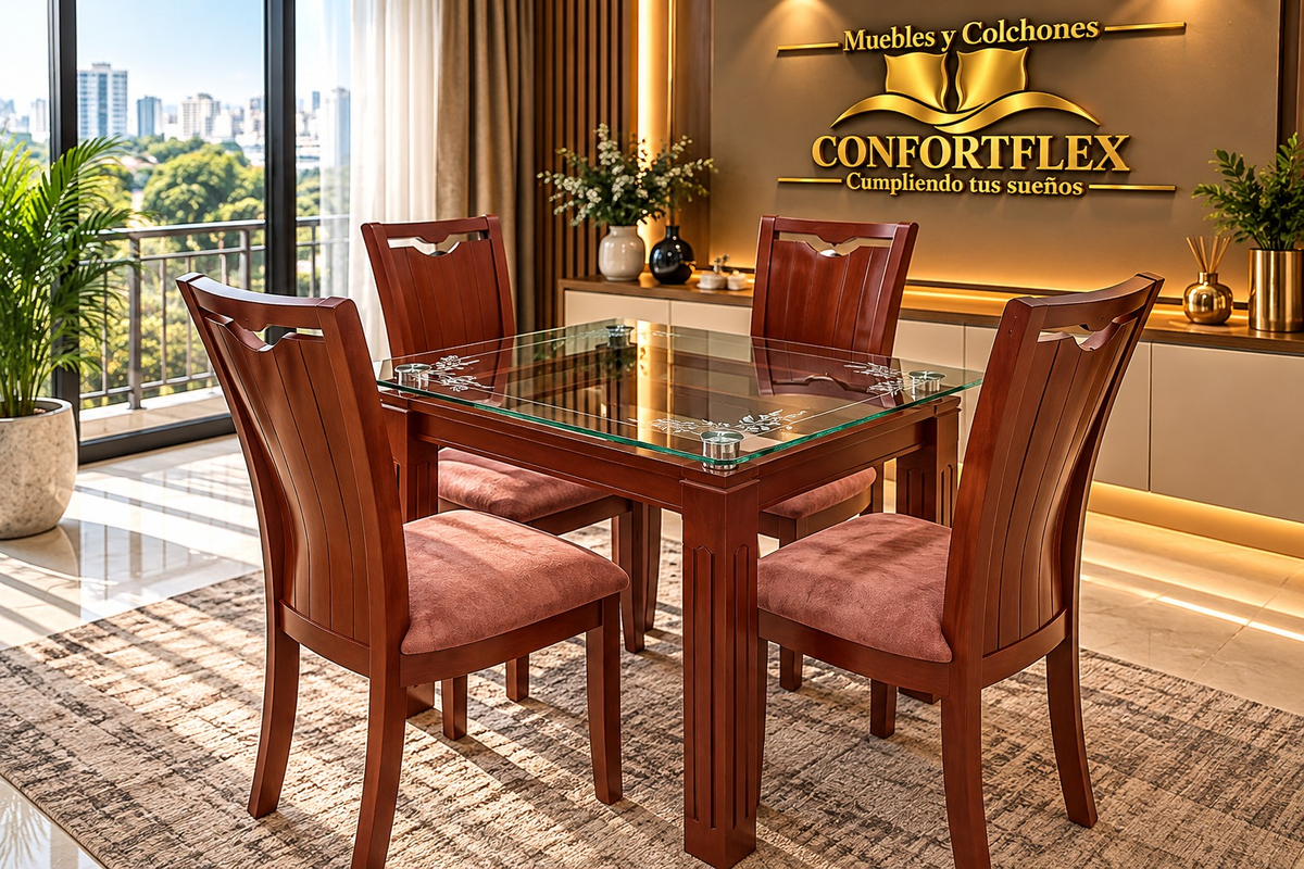 Comedor Caoba Vidrio 15mm 4 puestos - Base en cedro caoba y sillas tapizadas | Confortflex