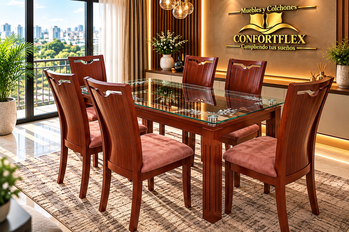 Comedor Caoba Vidrio 15mm 6 puestos - Base en cedro caoba y sillas tapizadas | Confortflex