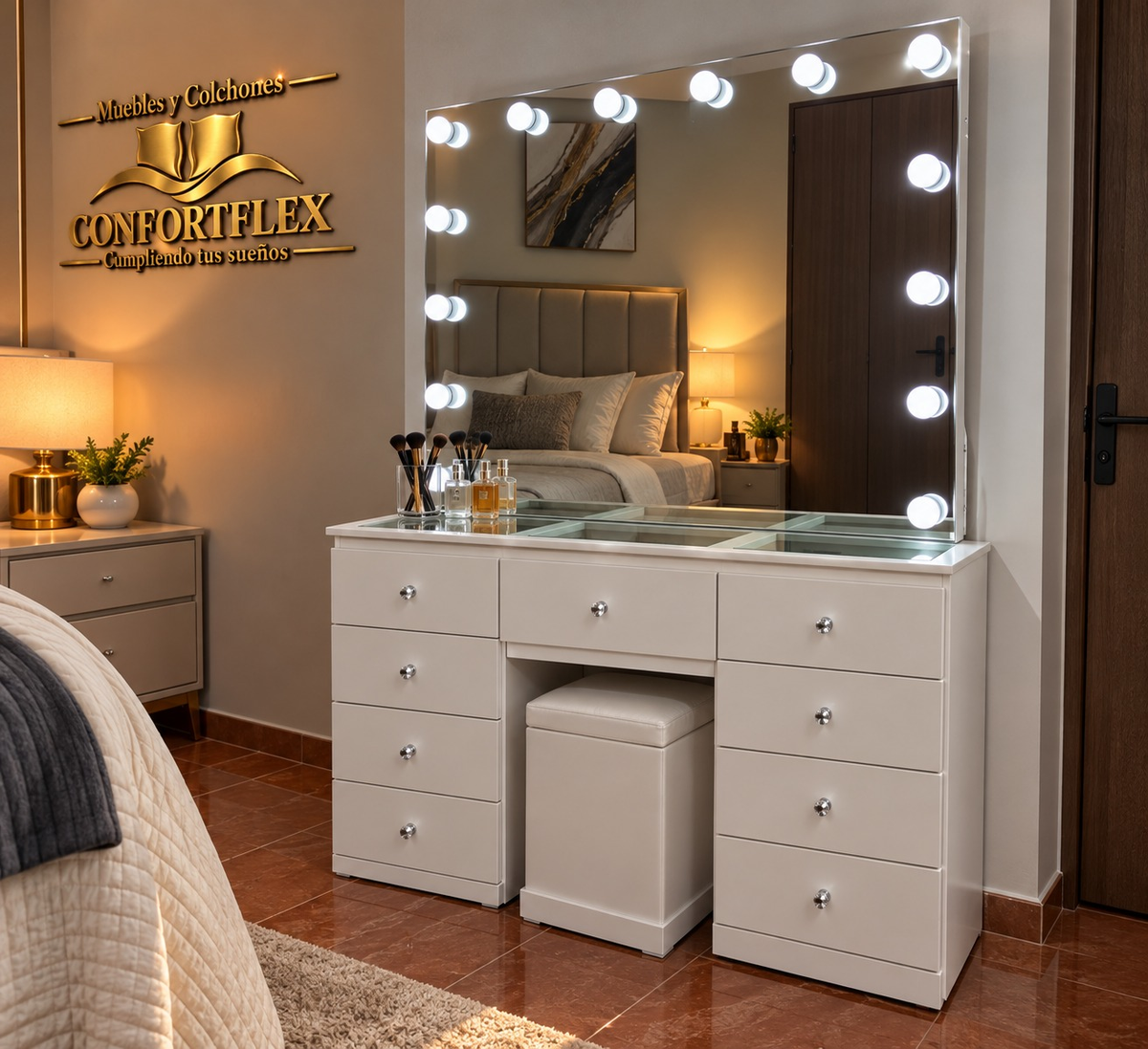 Tocador Hollywood 9 Cajones Estelar con espejo de luces LED y puff tapizado | Confortflex