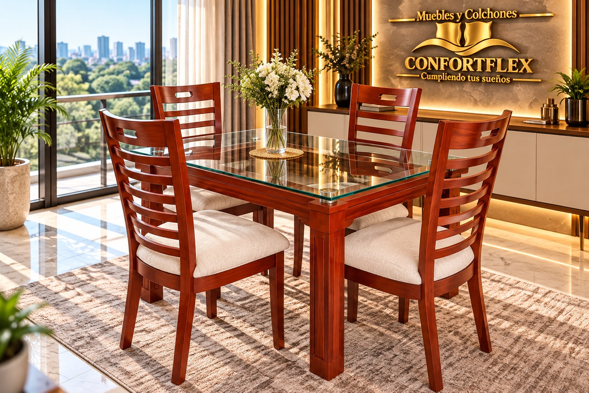 Comedor Ventana Vidrio 15mm 4 puestos - Sillas respaldo ventana en cedro caoba | Confortflex