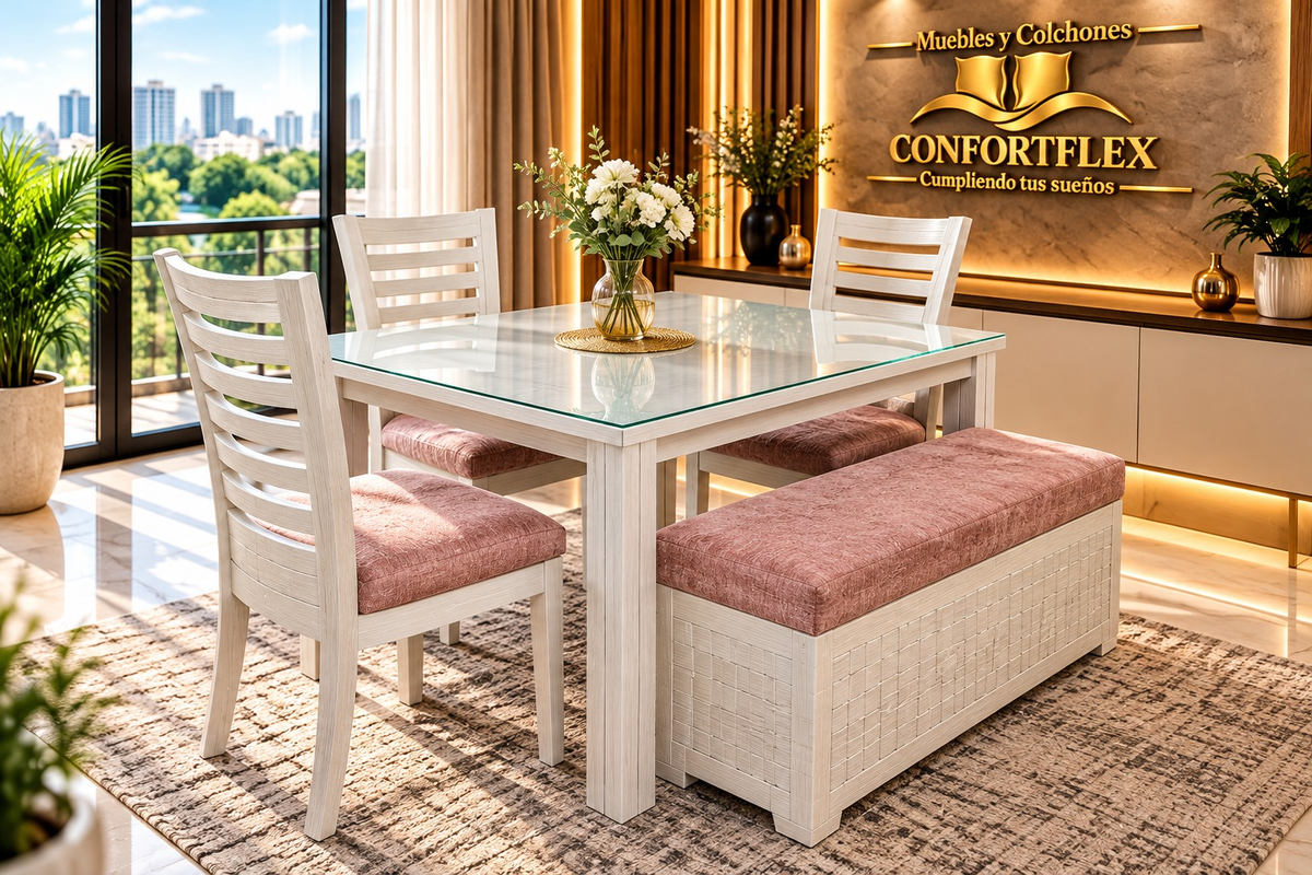 Comedor 5 Puestos con Puff Baúl - Base en cedro blanco, 3 sillas y puff baúl 2 puestos | Confortflex