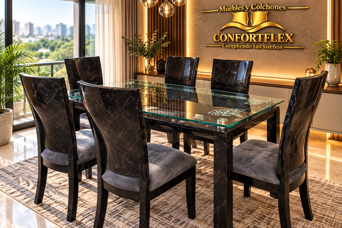 Comedor Premium Vidrio 15mm 6 puestos - Base en cedro y sillas tapizadas | Confortflex