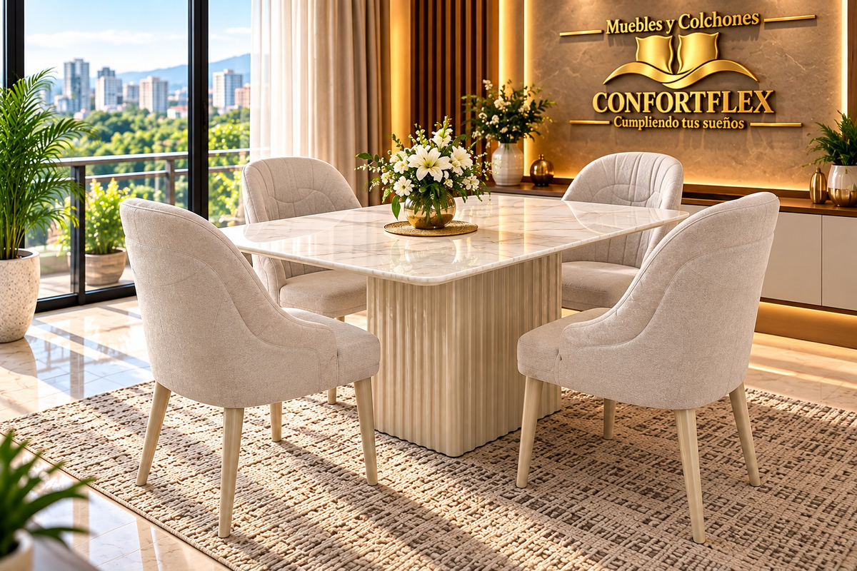 Comedor Orquídea 4 puestos - Base acanalada y tapa marmolizada brillante | Confortflex