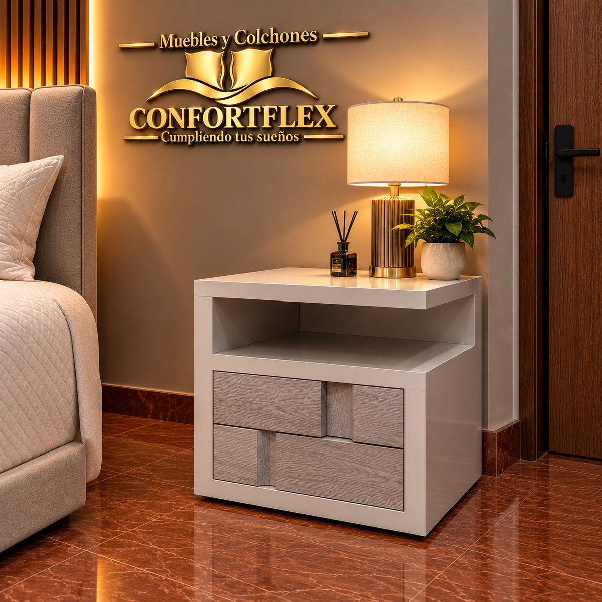 Mesa de Noche Nova con nicho y cajones bicolor | Confortflex