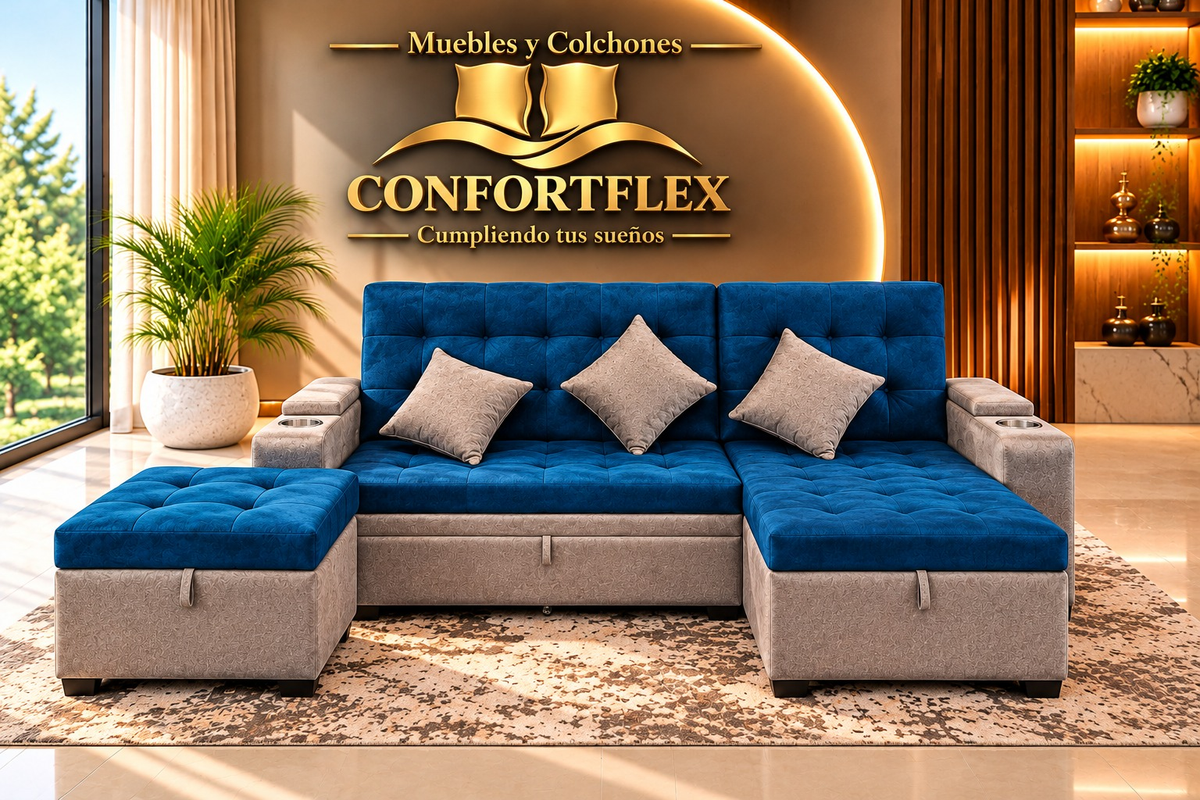 Sala Rubí - Sofá cama carrito con auxiliar baúl y puff | Confortflex
