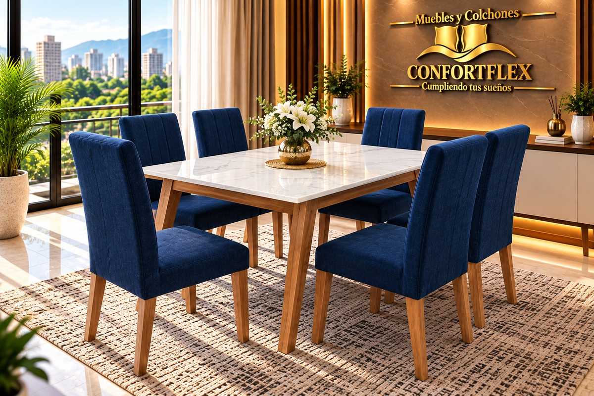 Comedor Clásico 6 puestos - Tapa imitación mármol y sillas tapizadas en azul | Confortflex