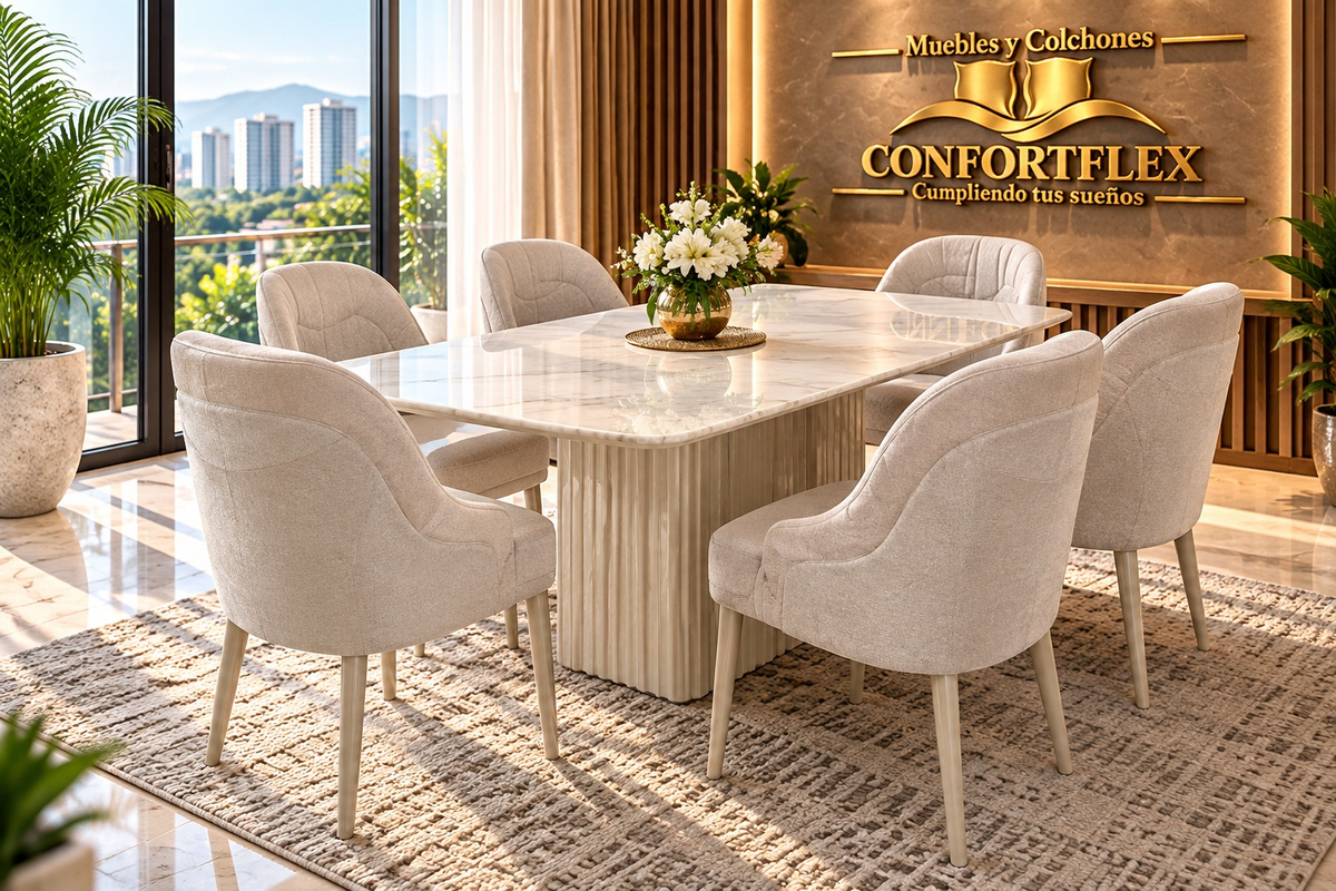Comedor Orquídea 6 puestos - Base acanalada y tapa marmolizada brillante | Confortflex