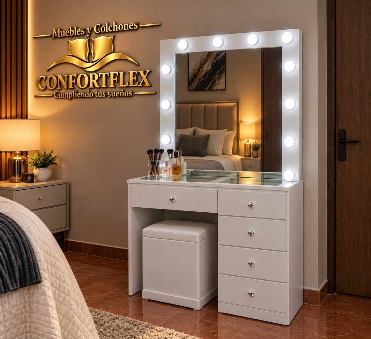 Tocador Hollywood 5 Cajones Paris con espejo de luces LED y puff tapizado | Confortflex