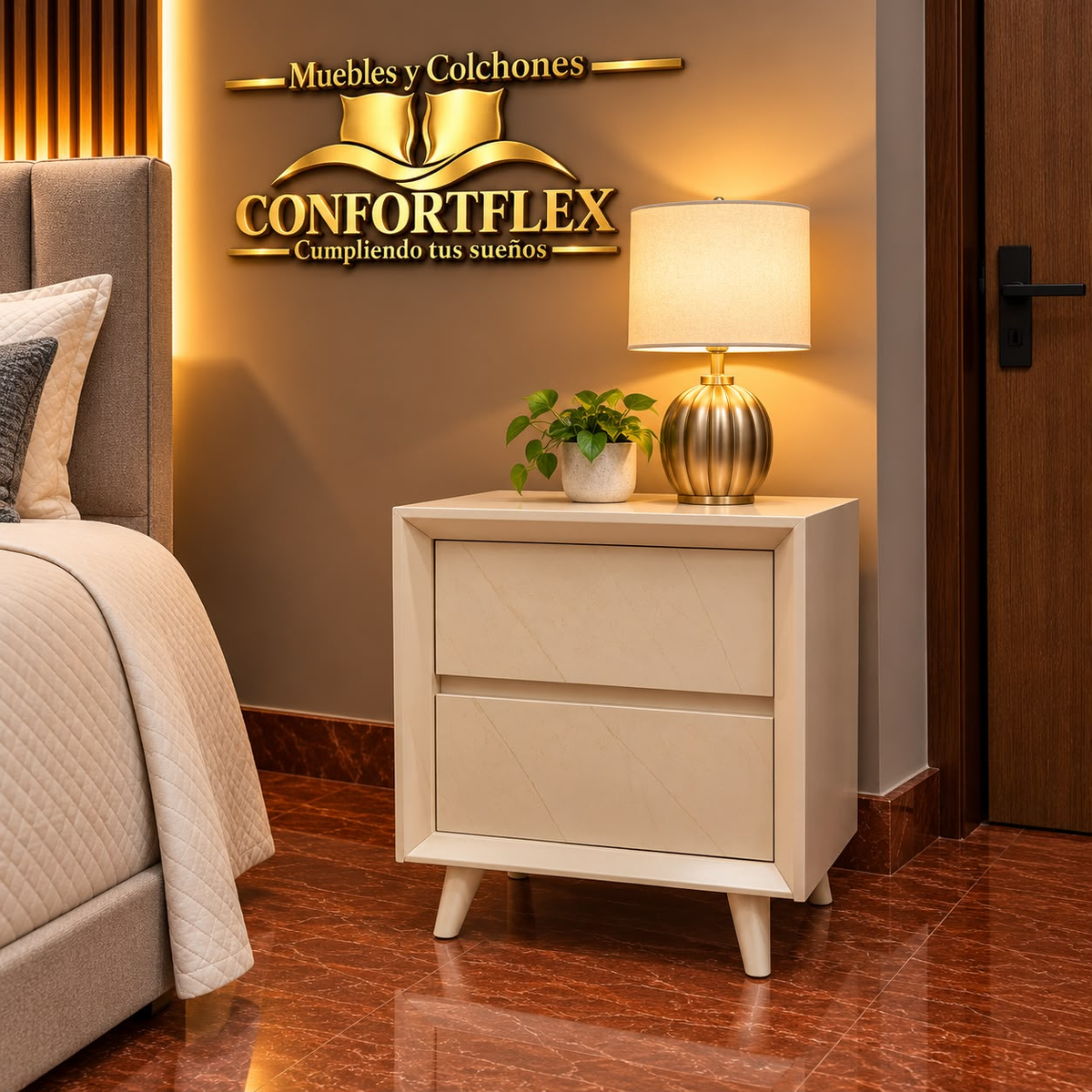 Mesa de Noche Marly 2 cajones minimalista patas palillo blanca | Confortflex